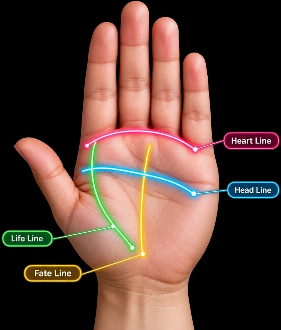 An open palm with the heart, head, life and fate lines traced and labelled